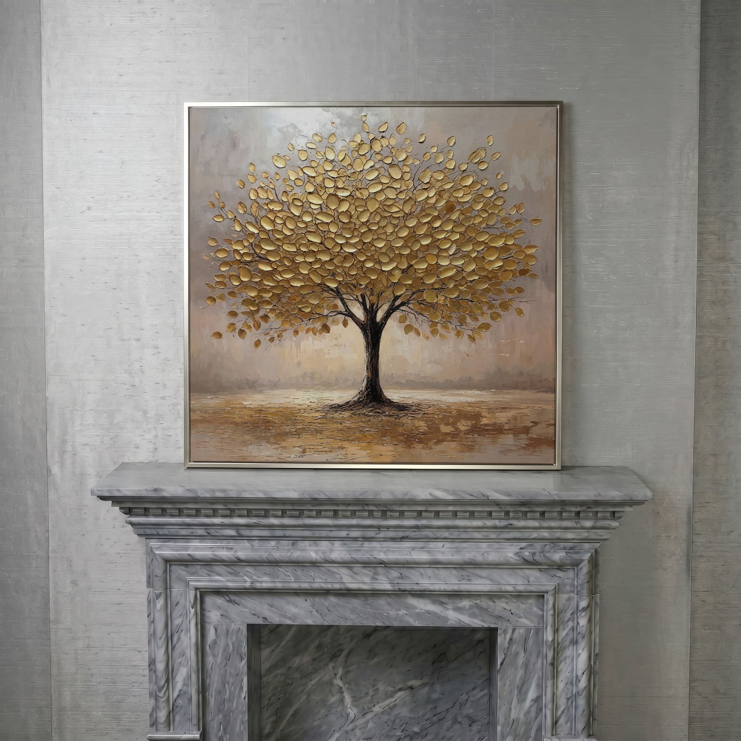 Elegant Tree with Golden Leaves Canvas in silver floating frame