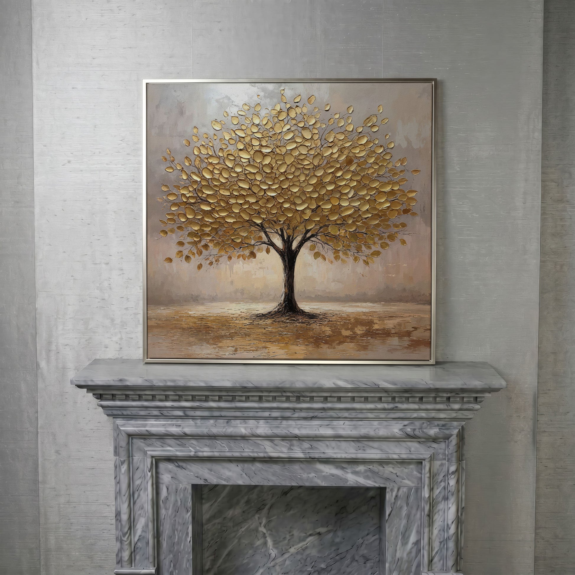 Elegant Tree with Golden Leaves Canvas in silver floating frame