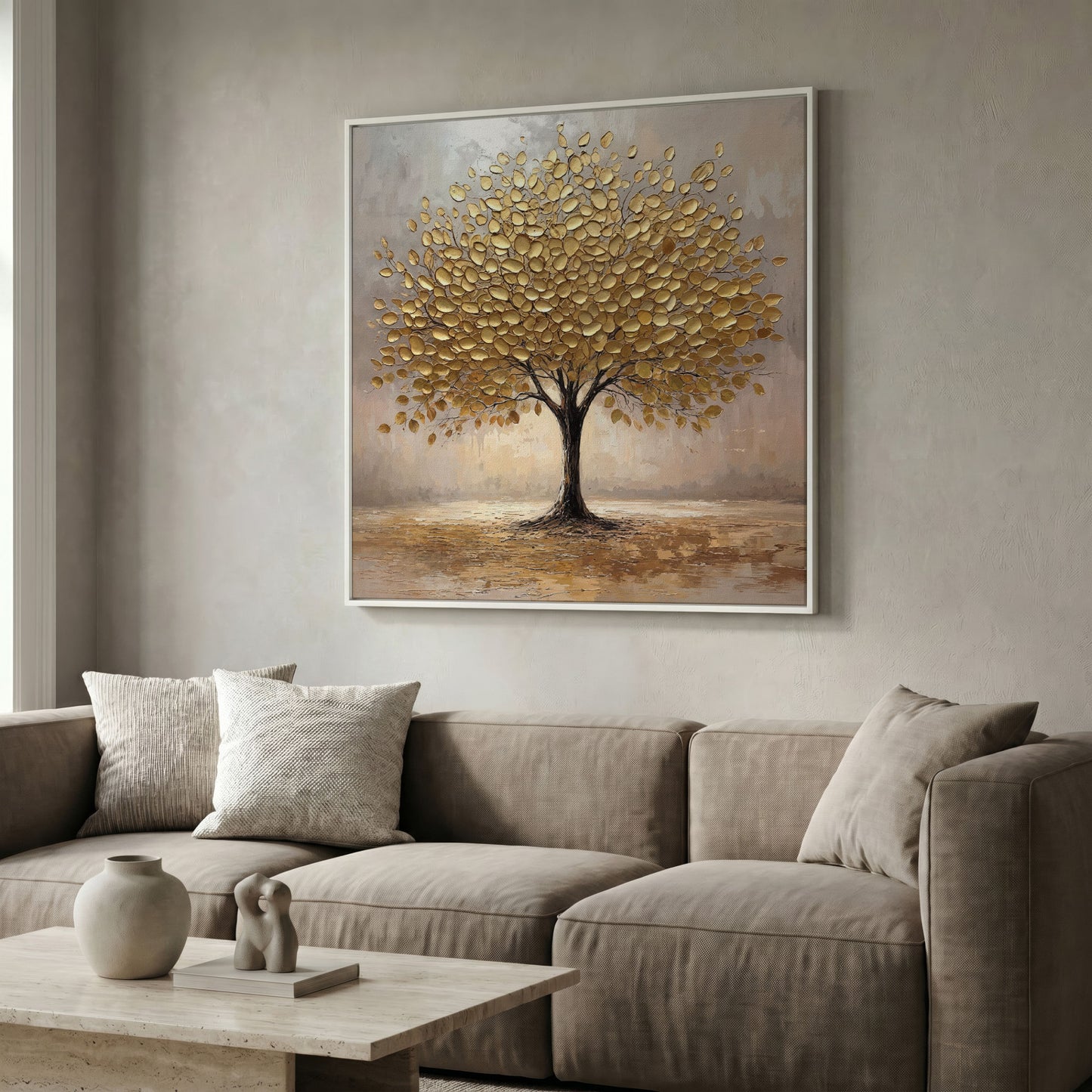 Elegant Tree with Golden Leaves Canvas in white floating frame