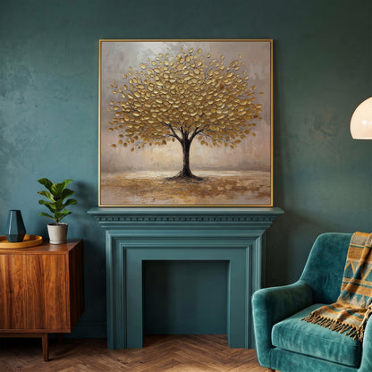 Elegant Tree with Golden Leaves Canvas in yellow gold floating frame