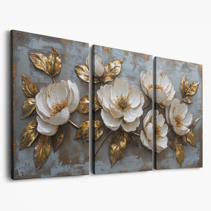 White Flowers and Gold Leaves Canvas as 3-panel split version