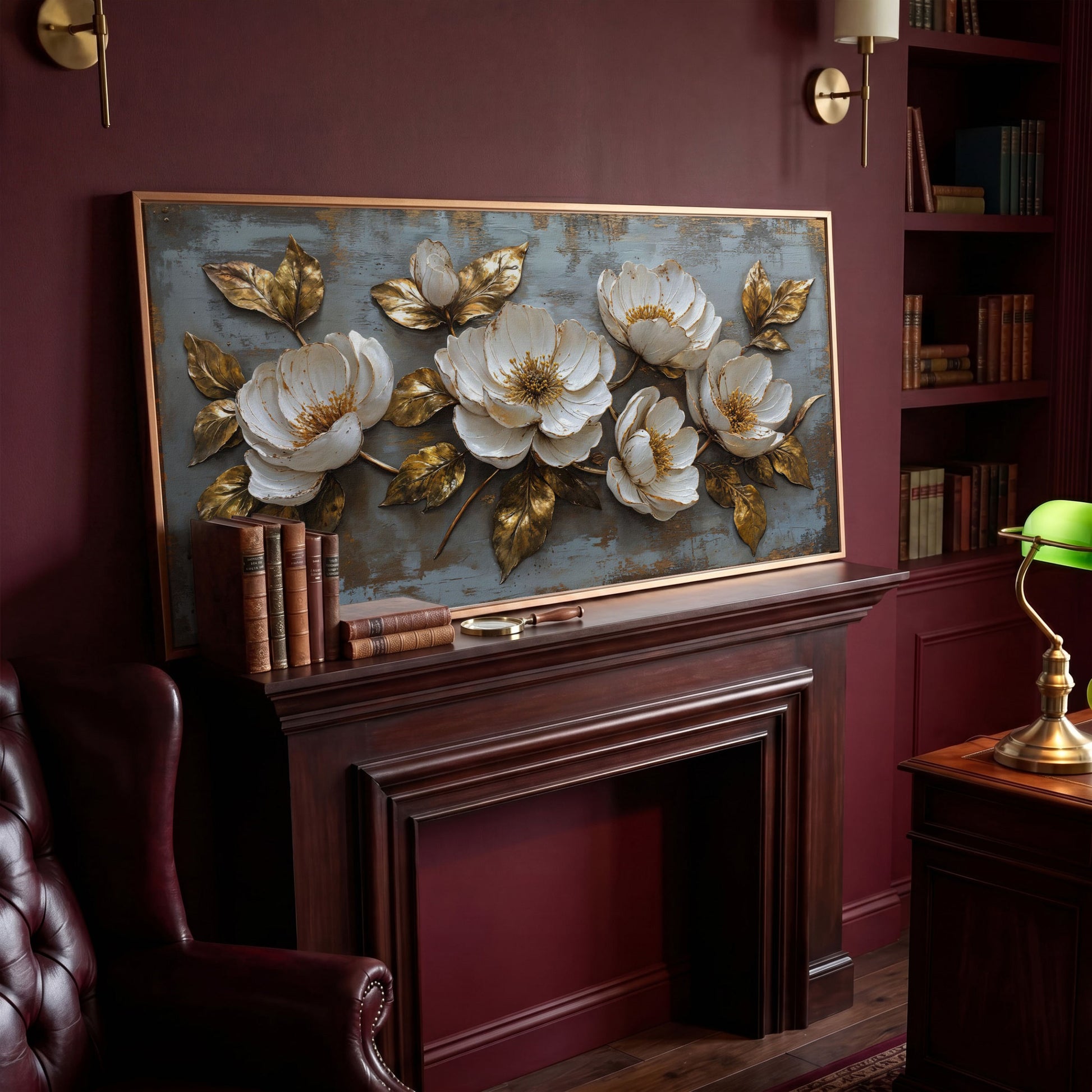 White Flowers and Gold Leaves Canvas in antique gold floating frame