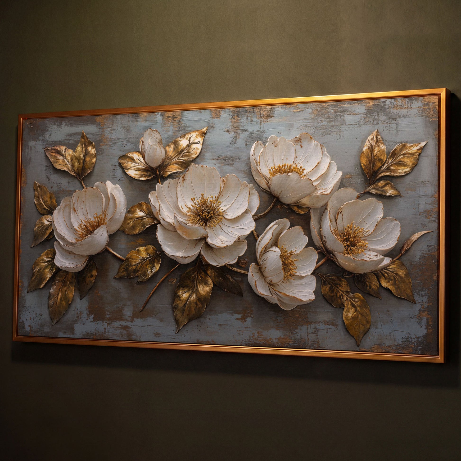 White Flowers and Gold Leaves Canvas shown in antique gold floating frame