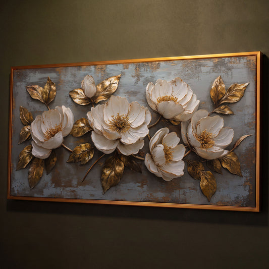 White Flowers and Gold Leaves Canvas shown in antique gold floating frame