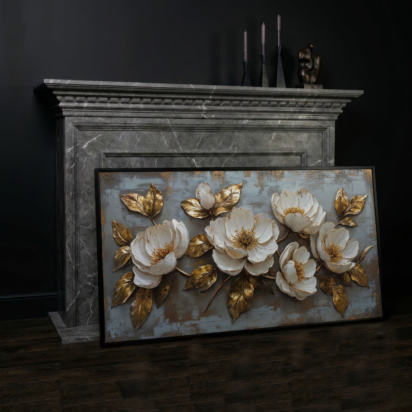 White Flowers and Gold Leaves Canvas in black floating frame