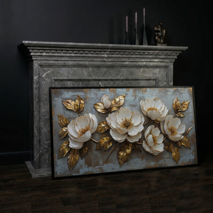 White Flowers and Gold Leaves Canvas in black floating frame