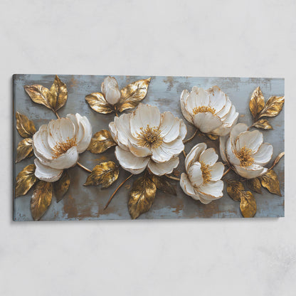 White Flowers and Gold Leaves Canvas on gallery wrap