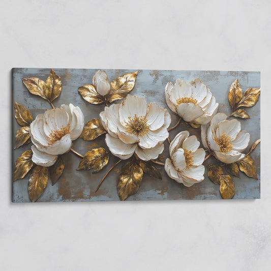 White Flowers and Gold Leaves Canvas on gallery wrap