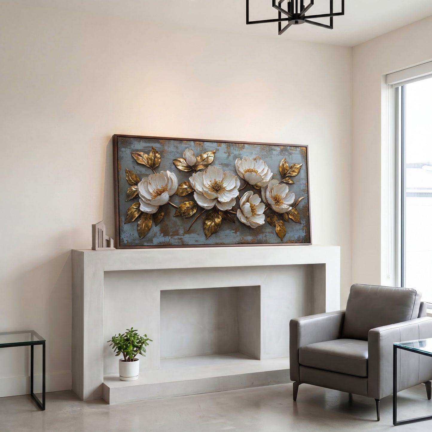 White Flowers and Gold Leaves Canvas in dark walnut floating frame