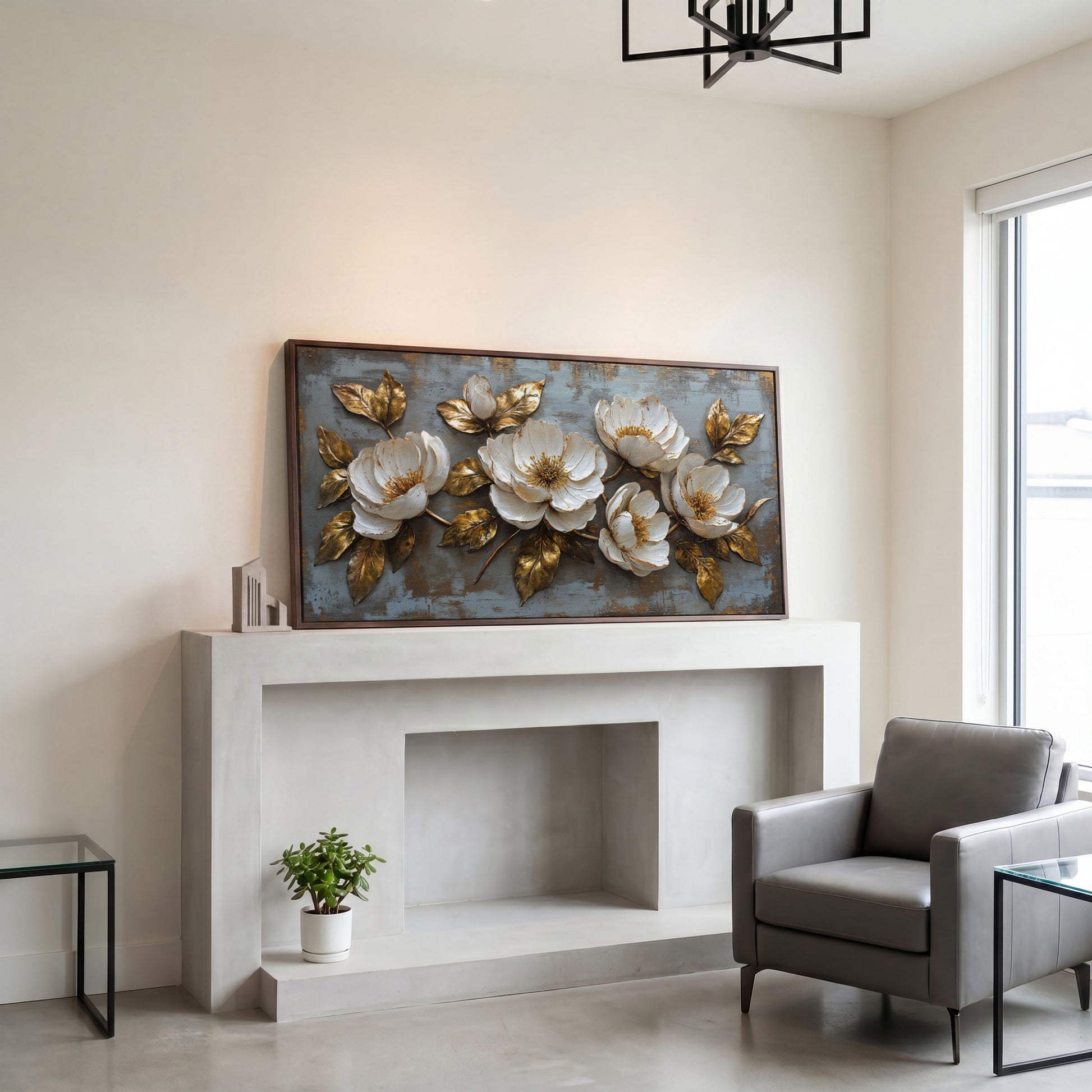 White Flowers and Gold Leaves Canvas in dark walnut floating frame