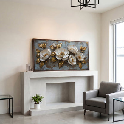 White Flowers and Gold Leaves Canvas in dark walnut floating frame