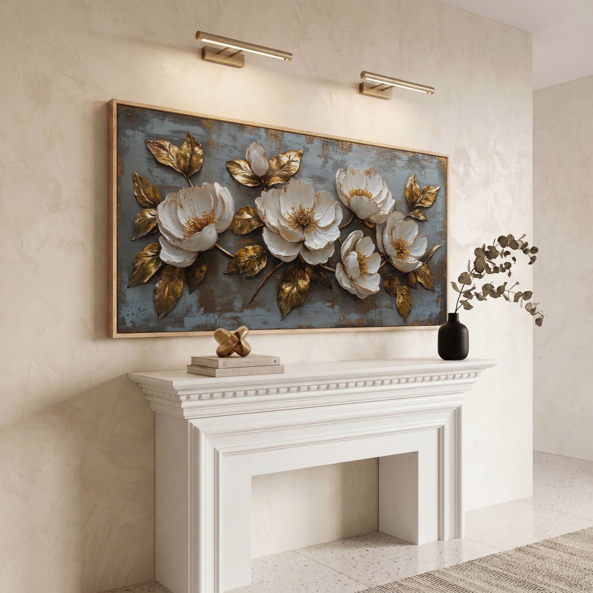 White Flowers and Gold Leaves Canvas in white oak floating frame