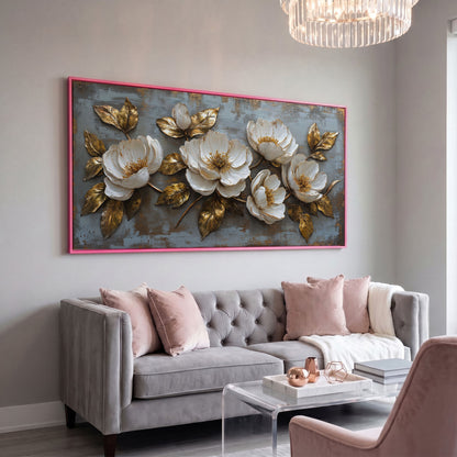 White Flowers and Gold Leaves Canvas in pink floating frame