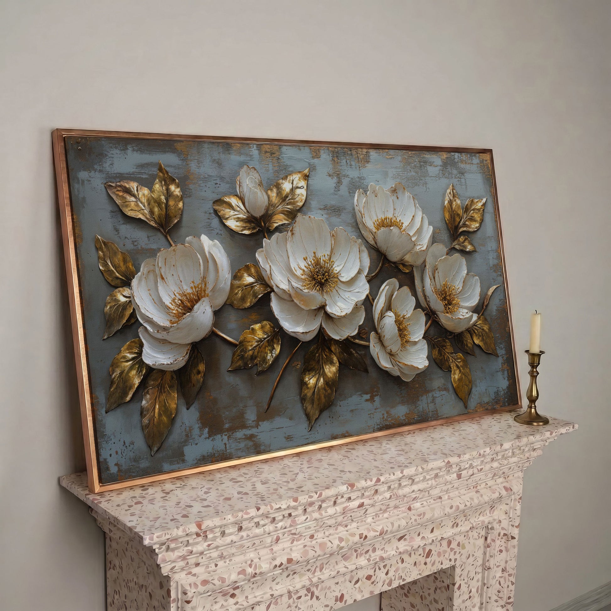 White Flowers and Gold Leaves Canvas in rose gold floating frame