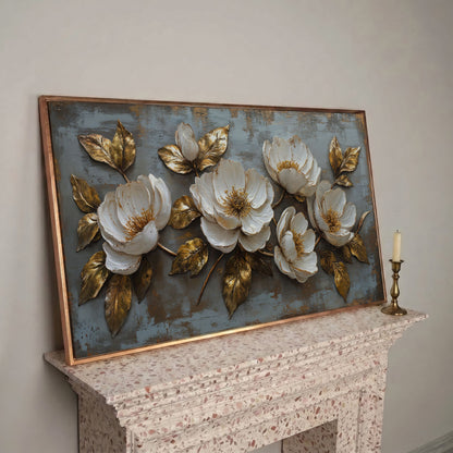 White Flowers and Gold Leaves Canvas in rose gold floating frame
