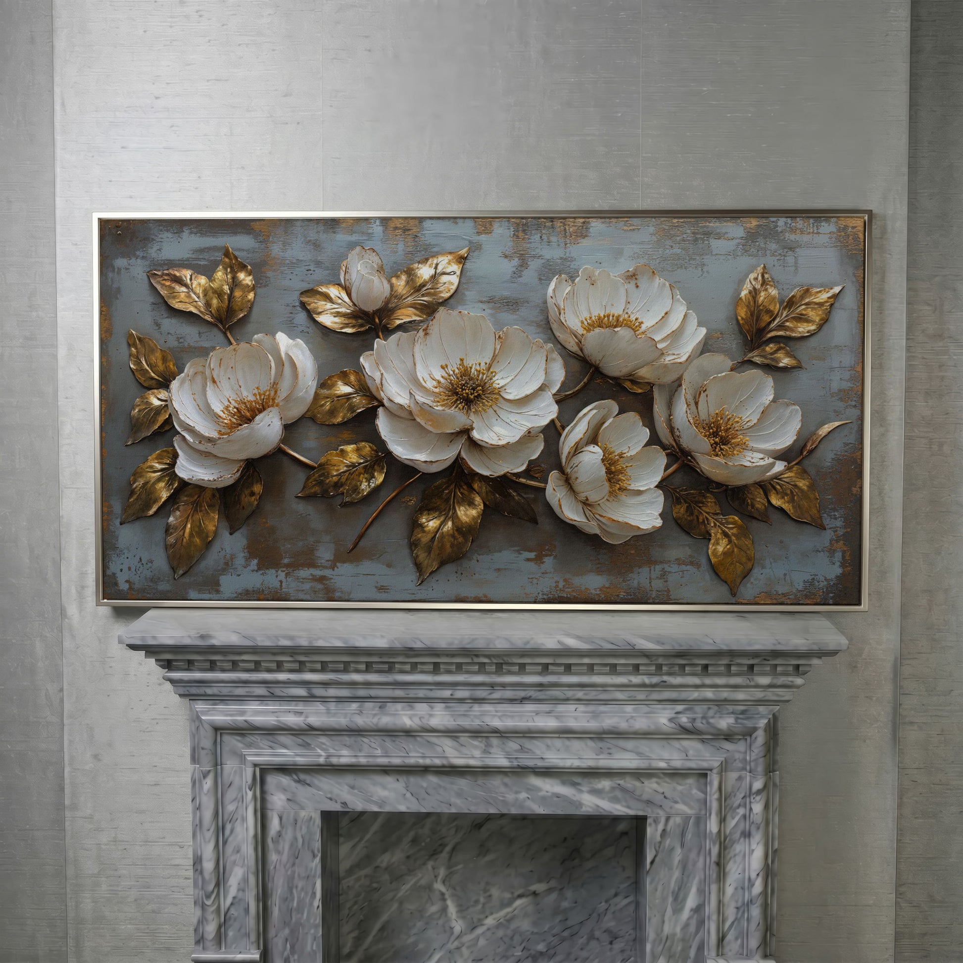 White Flowers and Gold Leaves Canvas in silver floating frame