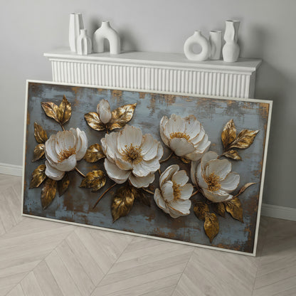 White Flowers and Gold Leaves Canvas in white floating frame