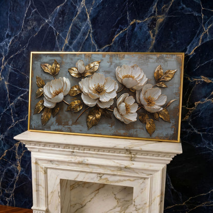 White Flowers and Gold Leaves Canvas in yellow gold floating frame