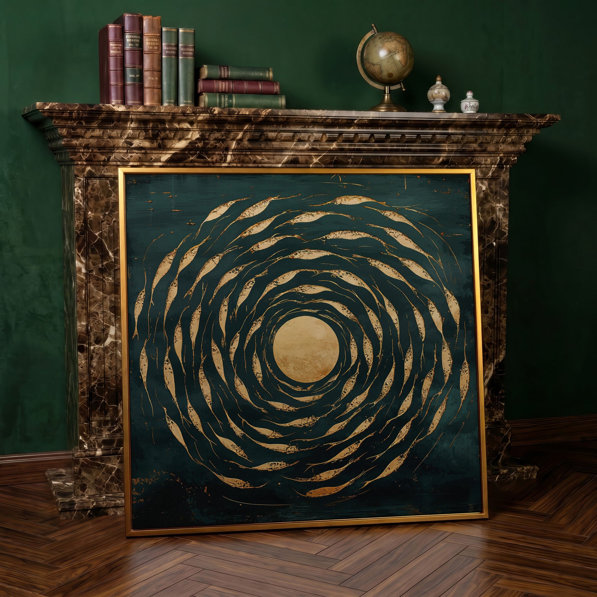Abstract Fish Swirl Canvas, Teal and Gold in antique gold floating frame