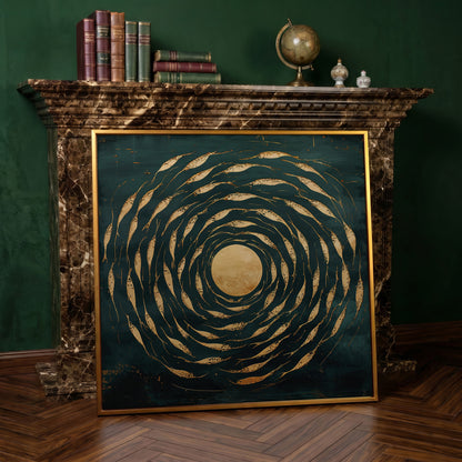 Abstract Fish Swirl Canvas, Teal and Gold in antique gold floating frame