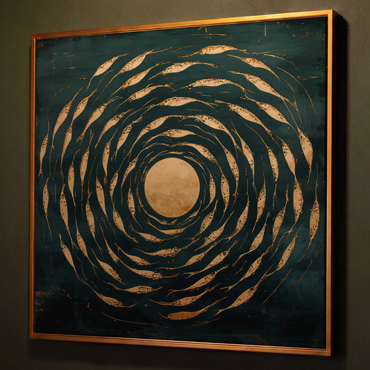 Abstract Fish Swirl Canvas, Teal and Gold shown in antique gold floating frame