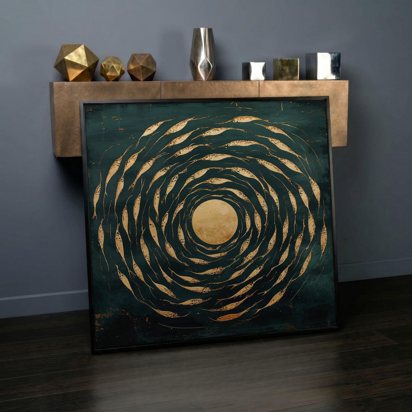 Abstract Fish Swirl Canvas, Teal and Gold in black floating frame
