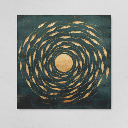Abstract Fish Swirl Canvas, Teal and Gold on gallery wrap