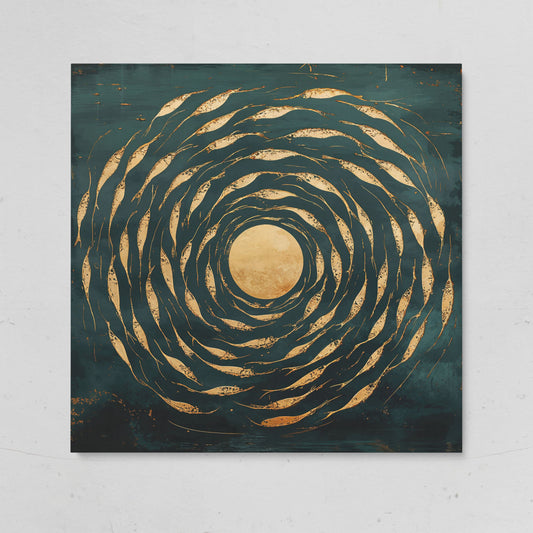 Abstract Fish Swirl Canvas, Teal and Gold on gallery wrap