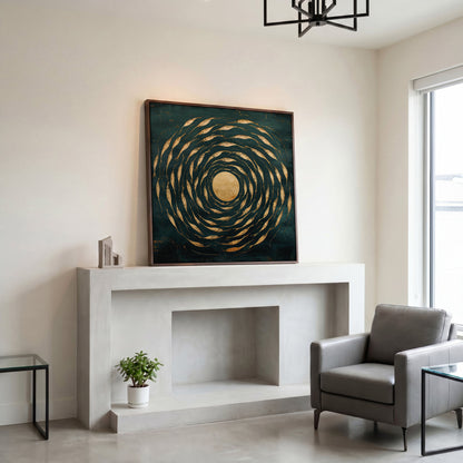 Abstract Fish Swirl Canvas, Teal and Gold in dark walnut floating frame