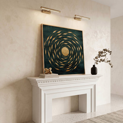 Abstract Fish Swirl Canvas, Teal and Gold in white oak floating frame