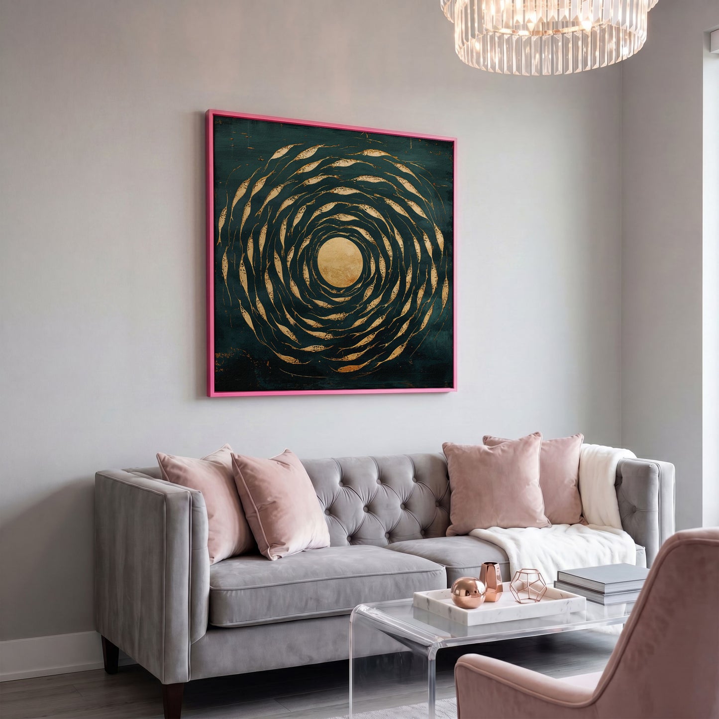 Abstract Fish Swirl Canvas, Teal and Gold in pink floating frame
