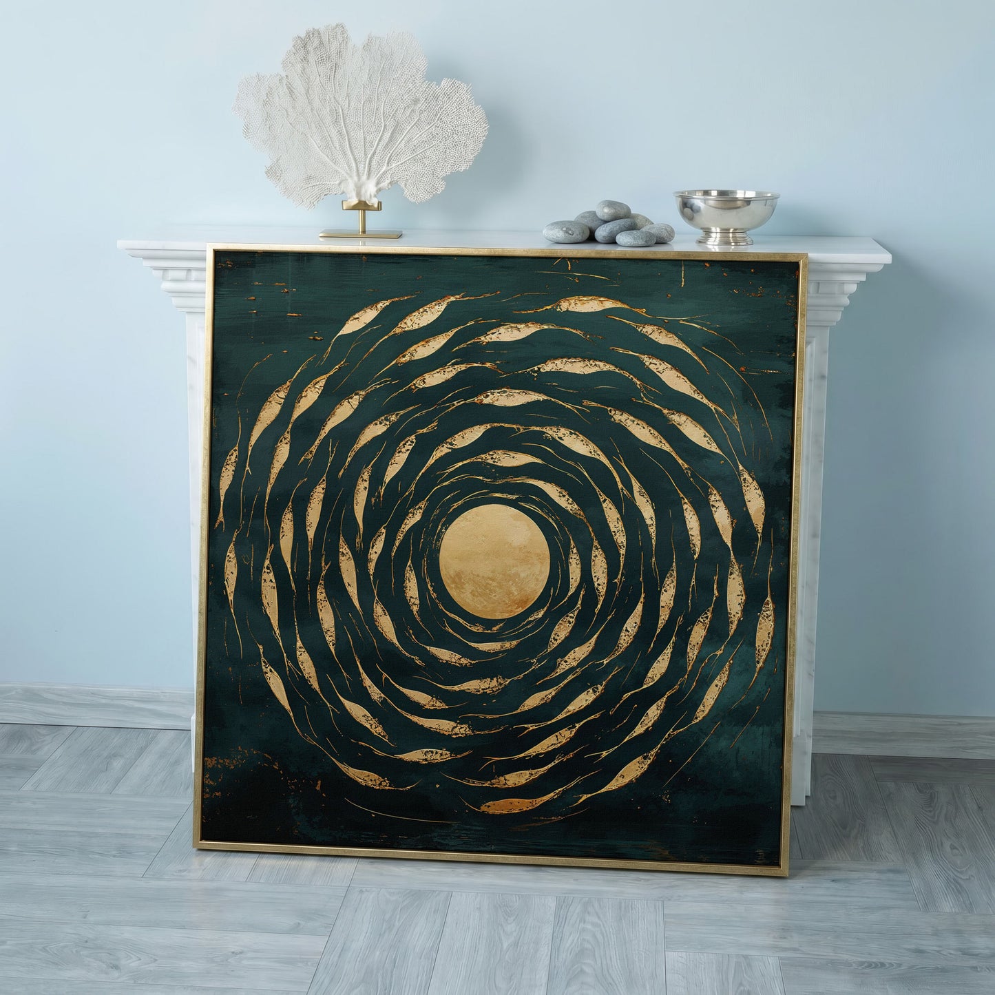 Abstract Fish Swirl Canvas, Teal and Gold in rose gold floating frame