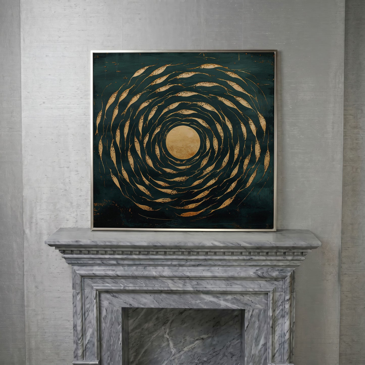 Abstract Fish Swirl Canvas, Teal and Gold in silver floating frame