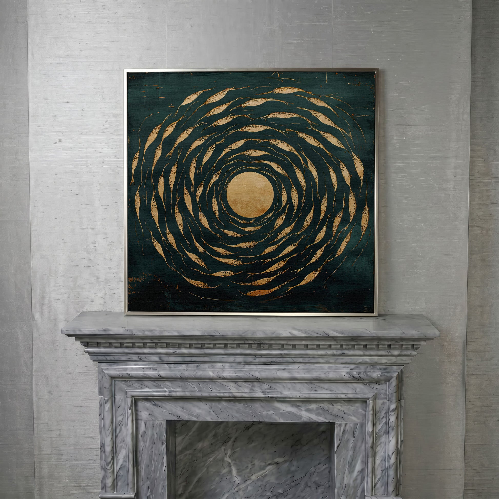 Abstract Fish Swirl Canvas, Teal and Gold in silver floating frame
