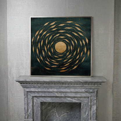 Abstract Fish Swirl Canvas, Teal and Gold in silver floating frame