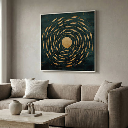 Abstract Fish Swirl Canvas, Teal and Gold in white floating frame