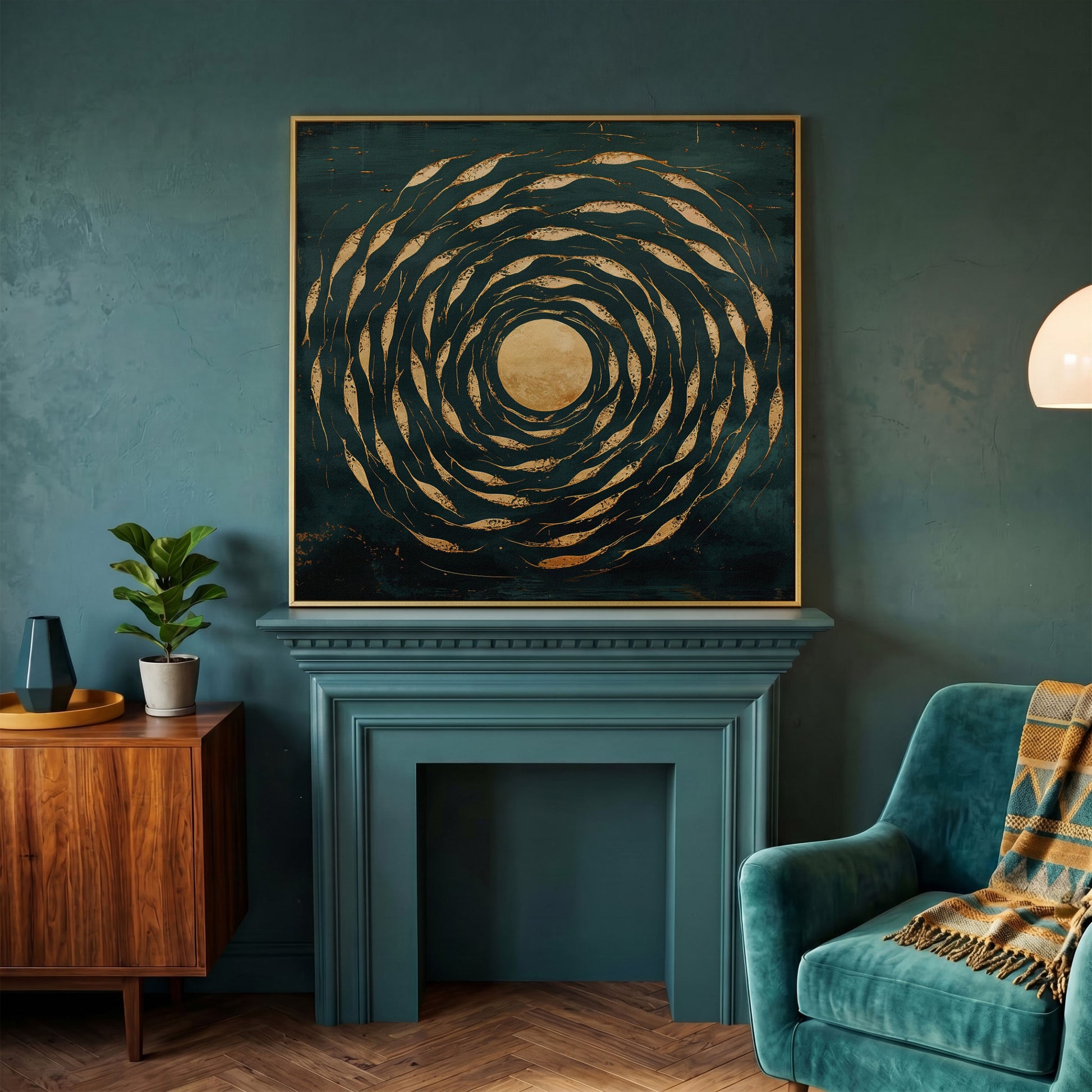 Abstract Fish Swirl Canvas, Teal and Gold in yellow gold floating frame