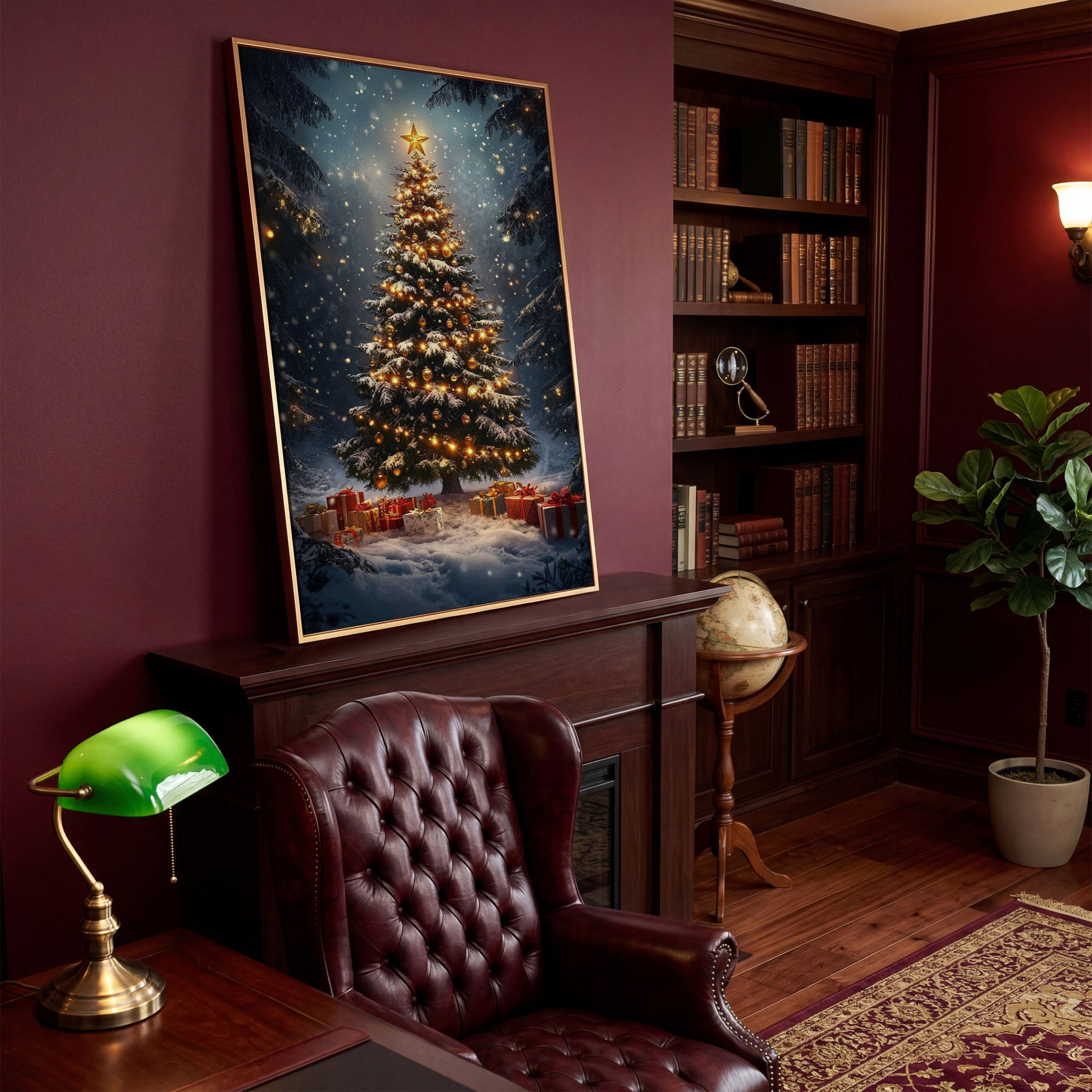 Winter Christmas Tree Canvas Print with Snow Forest in antique gold floating frame