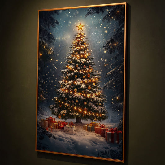 Winter Christmas Tree Canvas Print with Snow Forest shown in antique gold floating frame