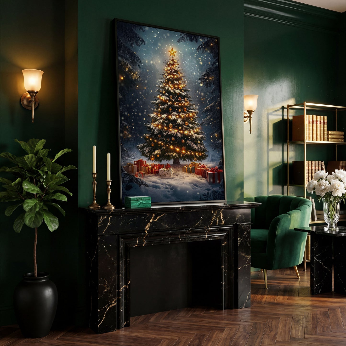 Winter Christmas Tree Canvas Print with Snow Forest in black floating frame