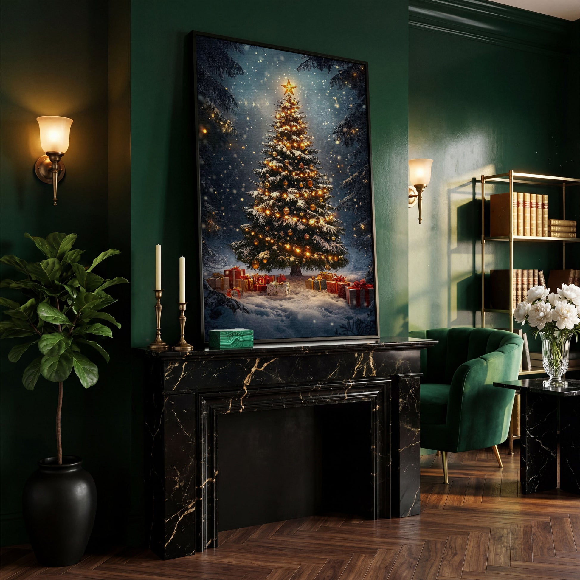 Winter Christmas Tree Canvas Print with Snow Forest in black floating frame