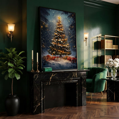 Winter Christmas Tree Canvas Print with Snow Forest in black floating frame