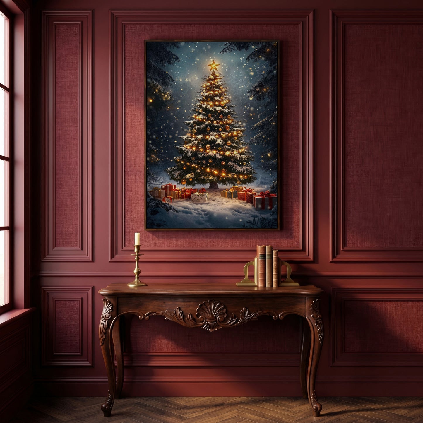 Winter Christmas Tree Canvas Print with Snow Forest in dark walnut floating frame