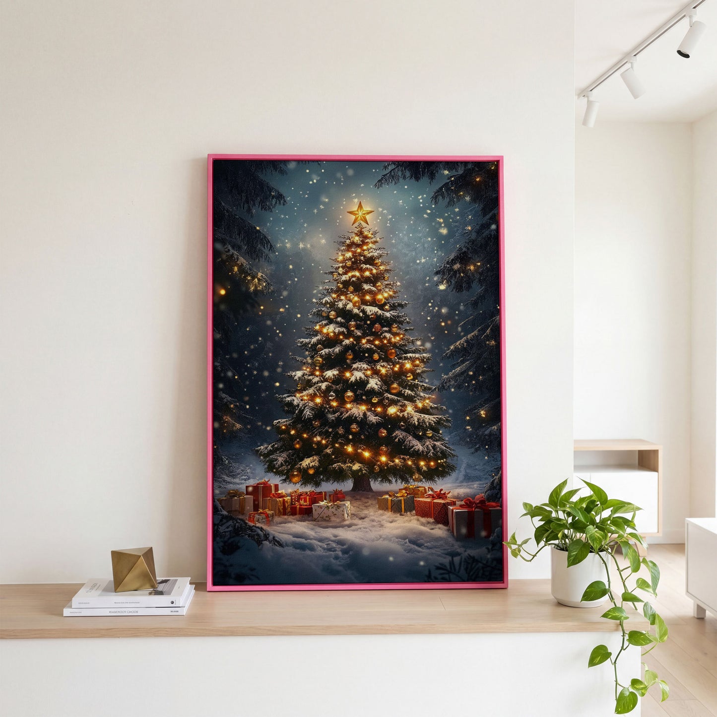 Winter Christmas Tree Canvas Print with Snow Forest in pink floating frame