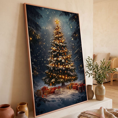 Winter Christmas Tree Canvas Print with Snow Forest in rose gold floating frame