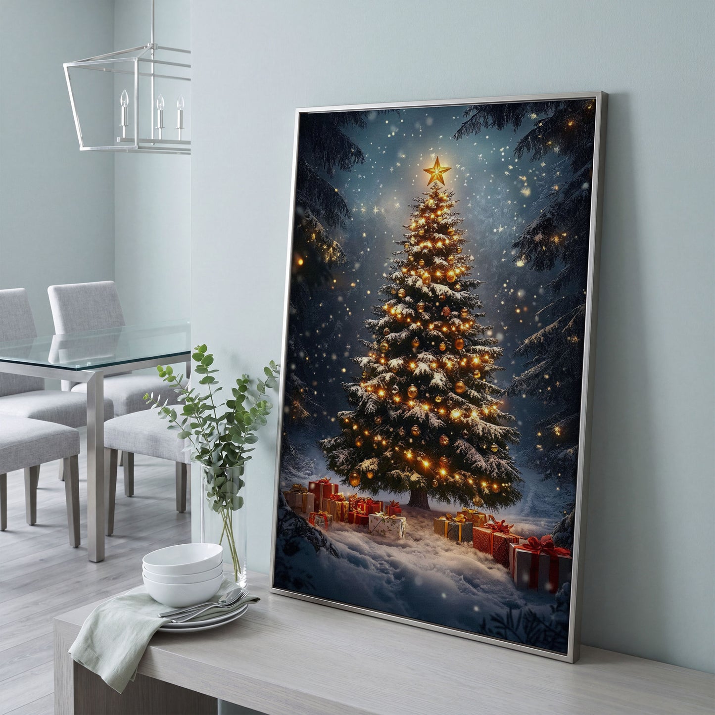 Winter Christmas Tree Canvas Print with Snow Forest in silver floating frame