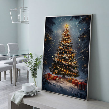 Winter Christmas Tree Canvas Print with Snow Forest in silver floating frame