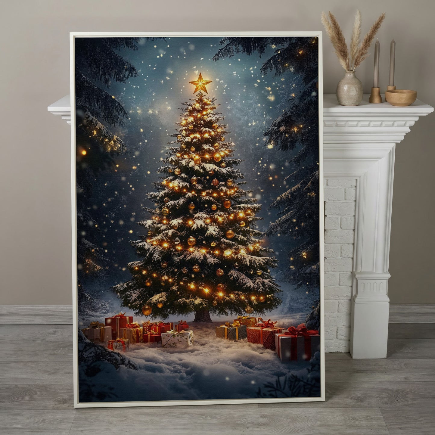 Winter Christmas Tree Canvas Print with Snow Forest in white floating frame