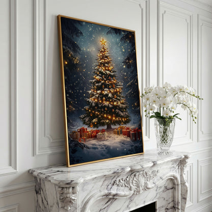 Winter Christmas Tree Canvas Print with Snow Forest in yellow gold floating frame