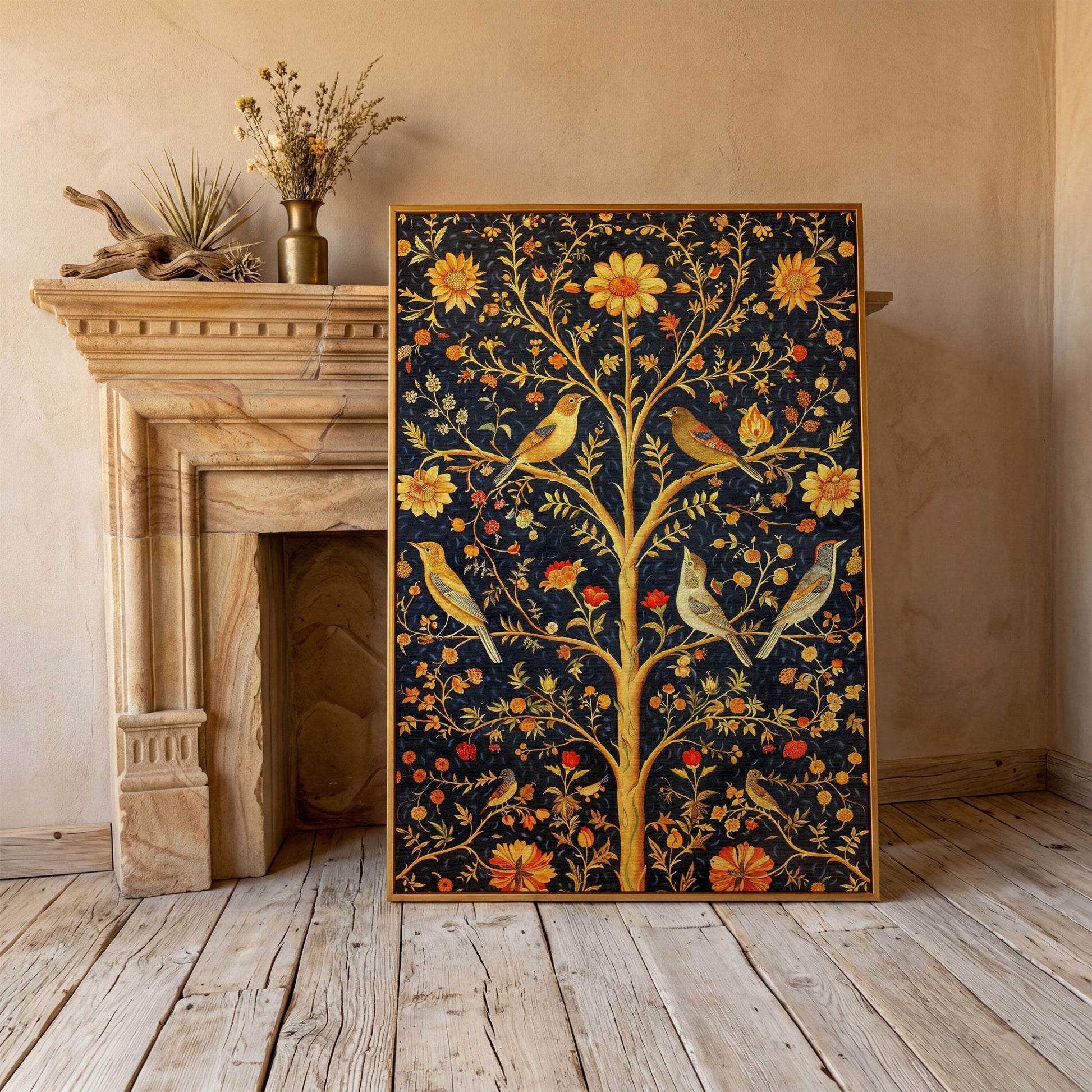 Birds on Floral Tree Canvas Print in antique gold floating frame